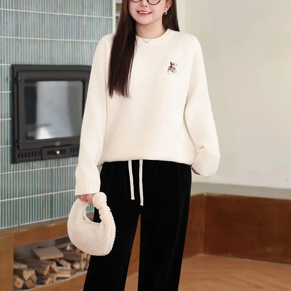XXXL Fashion Plus Size Women's Sweater Premium Bear Embroidered O-Neck Autumn Winter Preppy Style Pullover Thermal Jumpers 8512