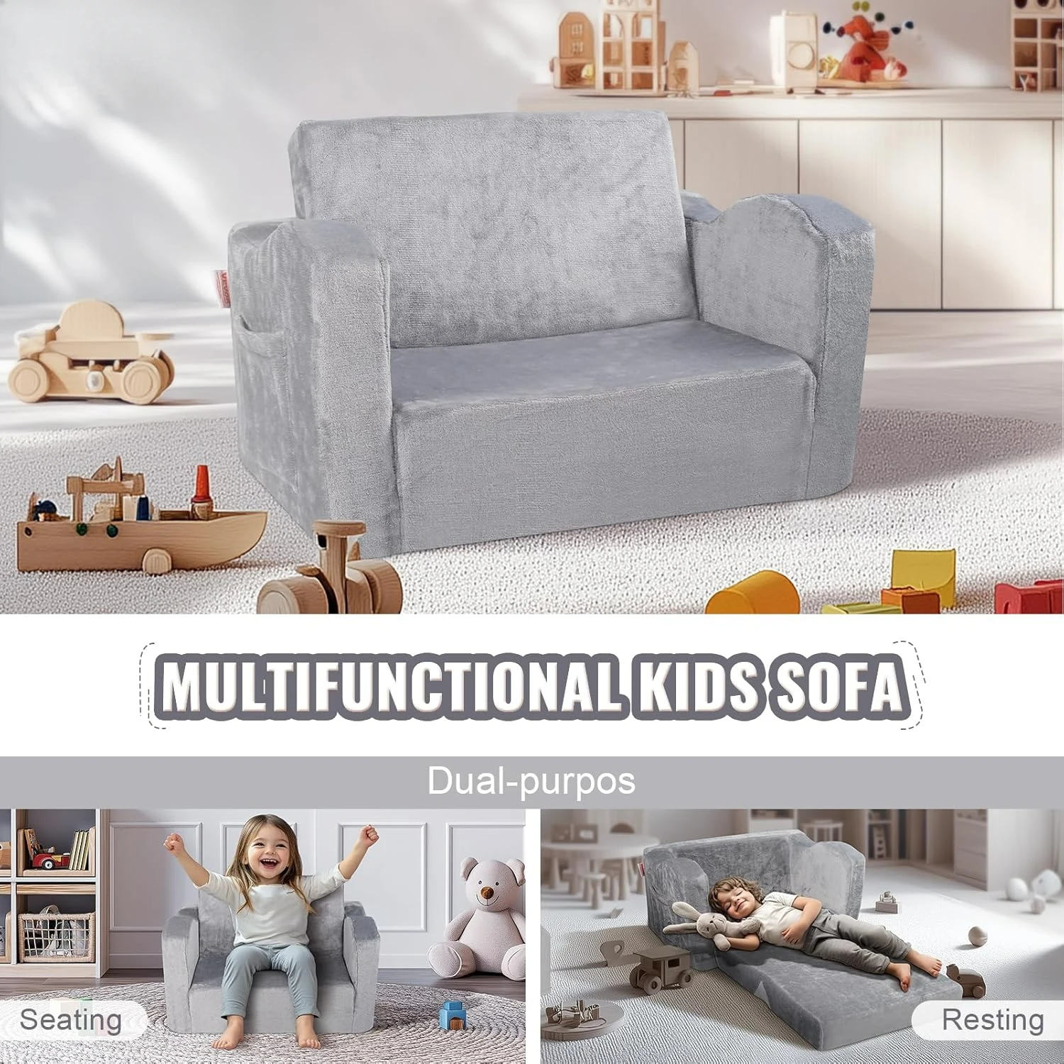 Kids Couch, Toddler Chairs Comfy, 2-in-1 Toddler Couch Sofa Bed Fold Out, Convertible Sofa to Lounger,Grey 4