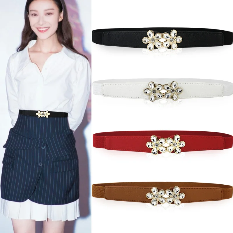 

2022 New Fashion Elastic Narrow Women's Glass Diamond Decoration Black Waist Dress Coat Sweater Stretch Thick Waist Belt