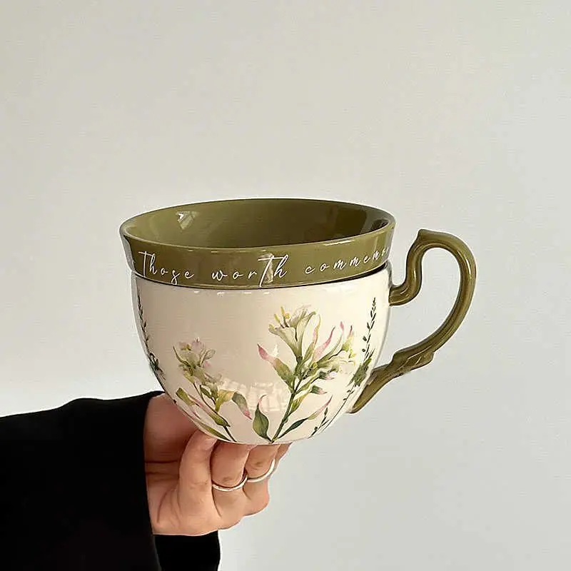 Large Capacity Ceramic Breakfast Cup with Crank Retro Rural Style Coffee Cup Dish Cups Lid Set Household Milk Mug Niche Gift