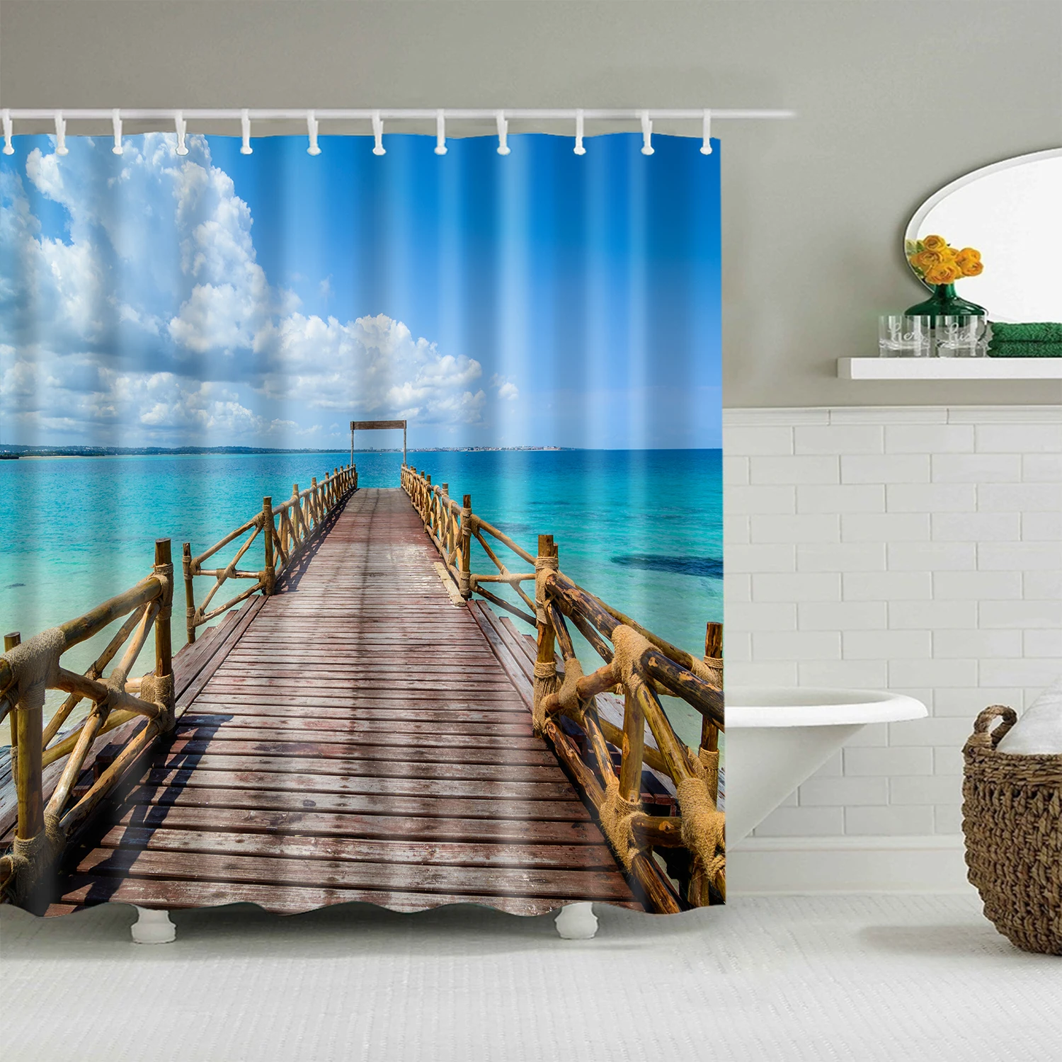 Seaside Beach Landscape Shower Curtain 3d Palm Trees Bathroom Curtain
