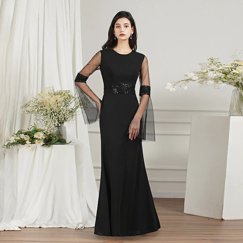 

2024 Flare Sleeve Black Evening Dress Beading Round Neck Sequin Illusion See Through Sheath Formal Evening Dresses