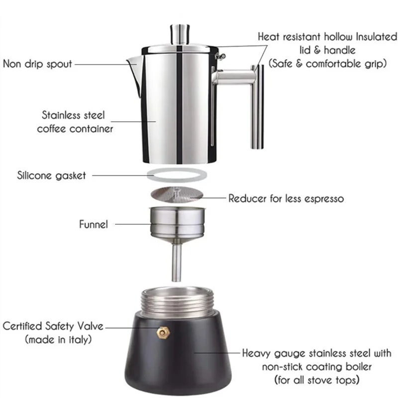 Stainless Steel Thickening Moka Coffee Pot Cuban Espresso Coffee