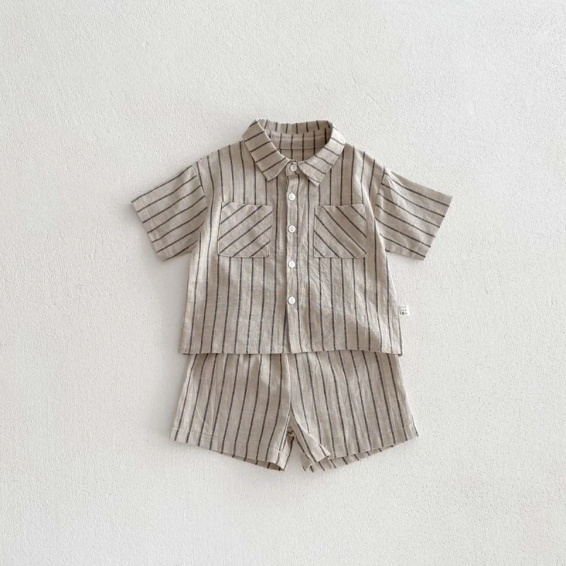 Baby clothes 0-5-year-old baby retro striped short sleeved sports set 2024 summer children\'s lapel shirt loosecasualtwo-pieceset