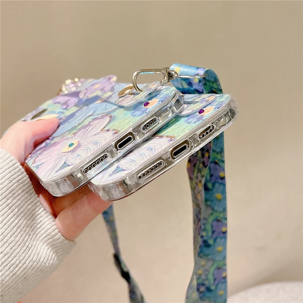 Elegant Floral Diamond Soft Cover with Crossbody Lanyard and Wrist Strap