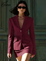 Oymimi Fashion Wine Red Two Piece Set For Women Elegant Long Sleeve Single Breasted Blazers And Slim Simple Mini Skirts Sets - Image 3