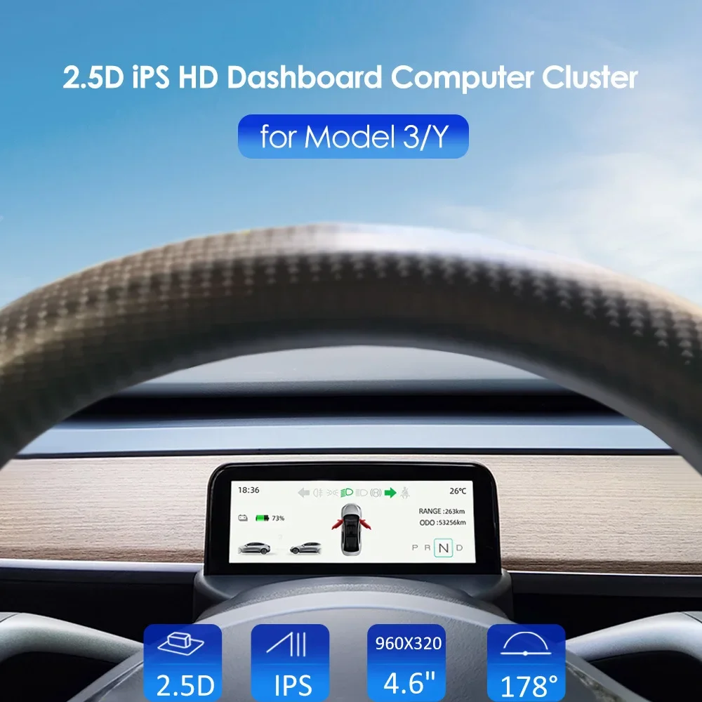 

2023 New HUD Screen 4.6'' Dashboard Cluster Instrument HD LCD Speedometer For Tesla Model 3 Y Modification Car Accessories