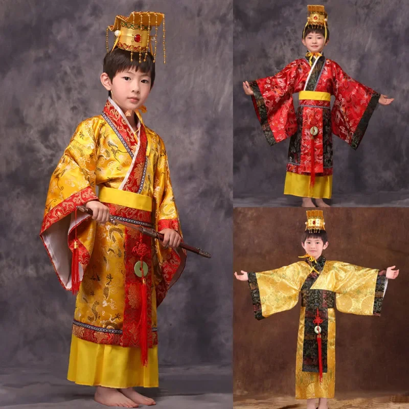 

Детское китайское традиционное платье ханьфу для мужчин и мальчиков, красная сценическая одежда императора короля, детские костюмы, костюм Тан, Детские комплекты одежды, шапок
