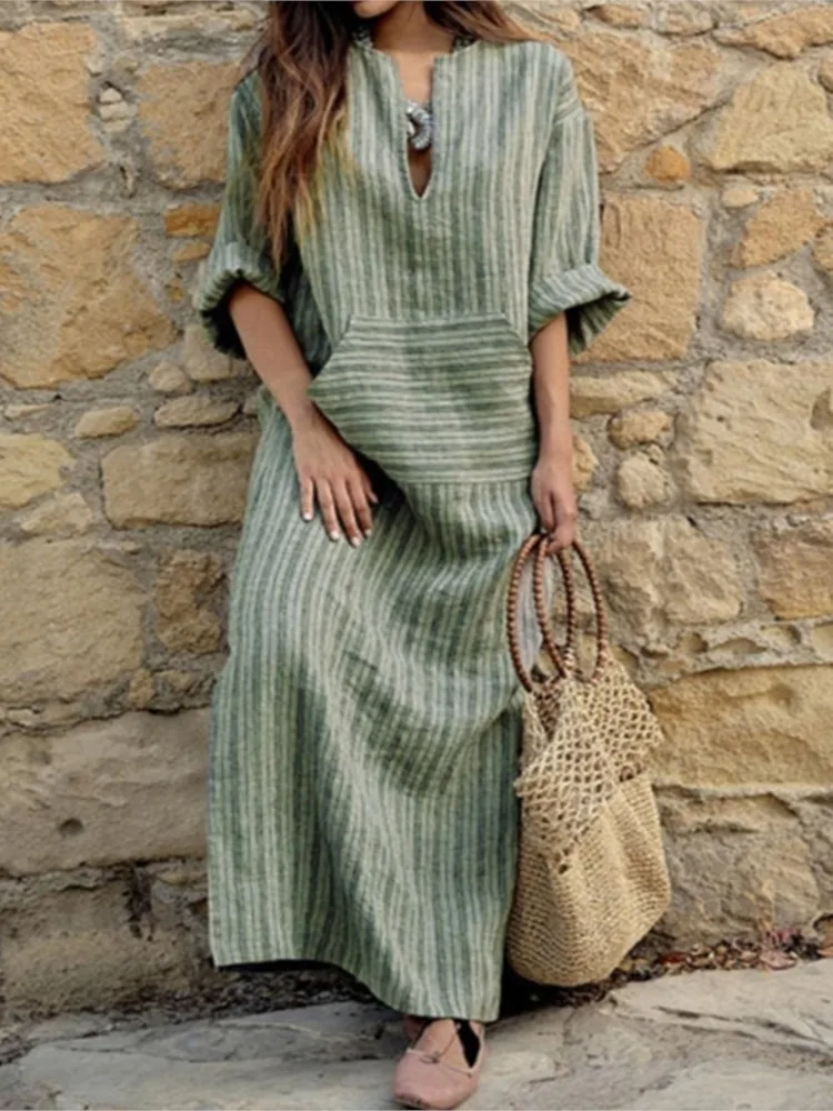 

Summer Cotton Linen Casual Dresses 2024 Fashion New Striped Loose Maxi Dress Vintage Beach Holiday Street Dresses Female Robe