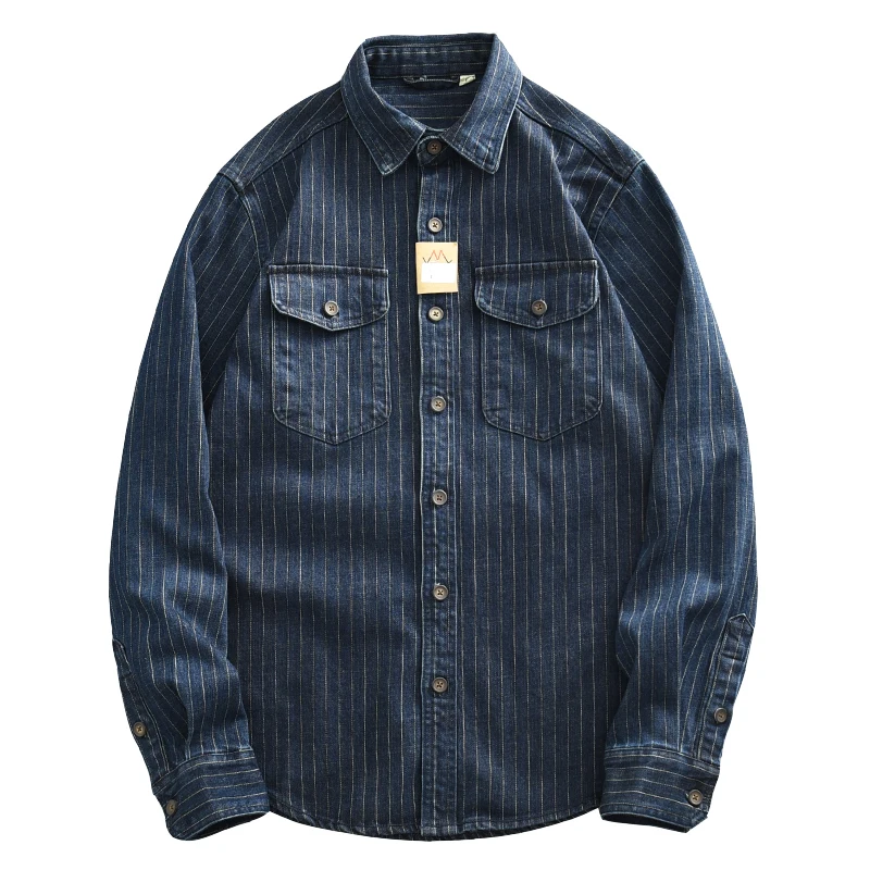 Denim Shirt Long Sleeved Shirt 17oz Heavyweight Retro Casual Wear Men's Shirt Coat Washed Denim Cargo Jeans Oversized Tops Vertical Stripped Long Sleeve Male