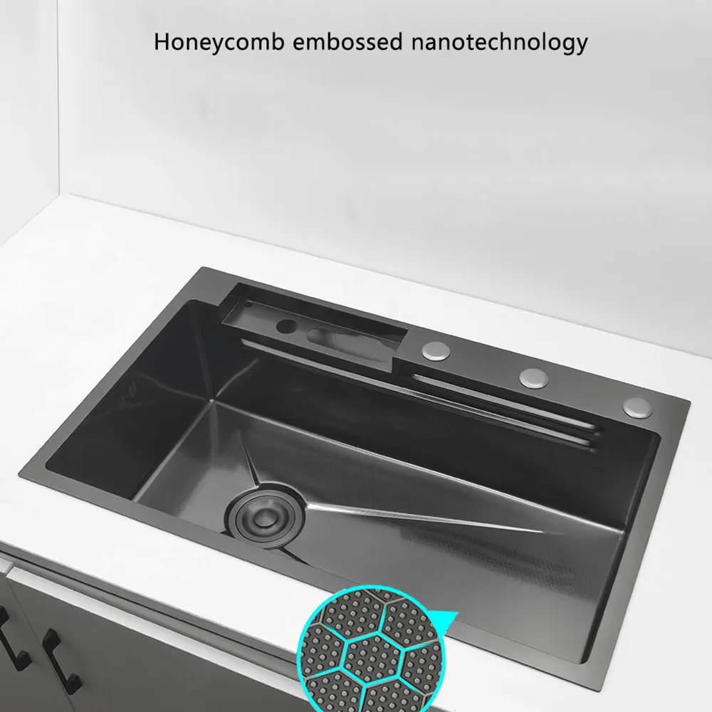 LED waterfall faucet kitchen sink honeycomb anti-scratch nano technology left drain 304 Stainless Steel Large Single basin sinks 4