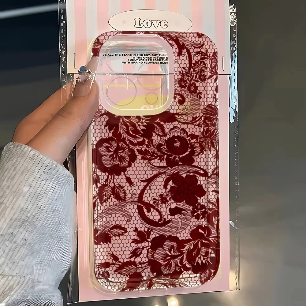 Elegant Red Lace Printed Shockproof Silicone Phone Case