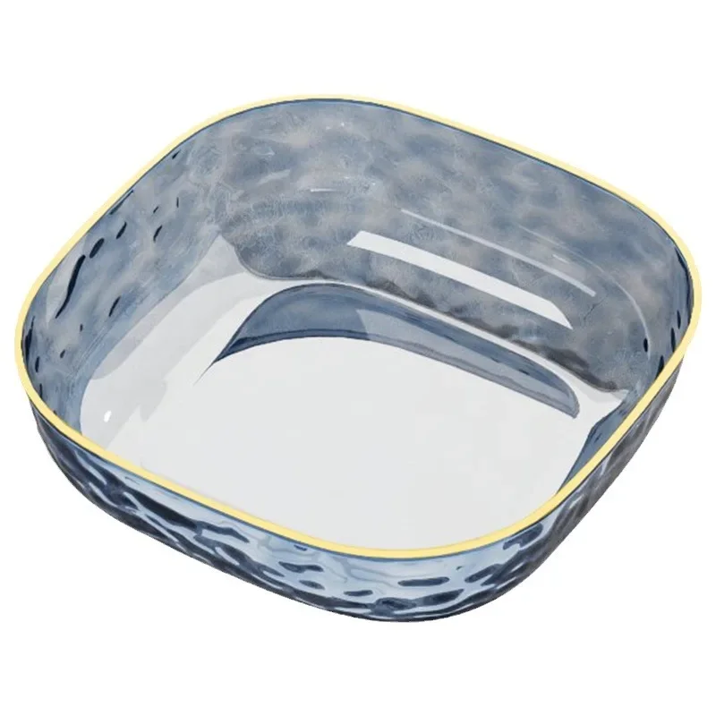 Light Luxury Household Fruit Bowl Salad Dessert Biscuit Plate Plastic Square Transparent Tray Golden Edge Snack Plates Tableware