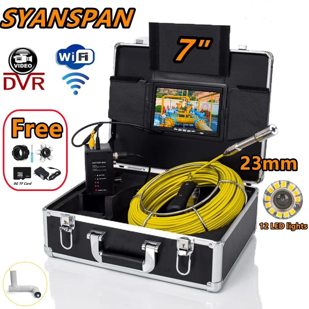 

DVR/WiFi 7" 1080P 8GB Card IP68 20/30/50/100/200M SYANSPAN Pipe Inspection Camera 23mm Drain Sewer Pipeline Industrial Endoscope