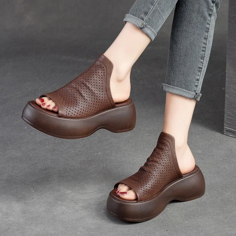 

YourSeason Genuine Leather Ladies Comfortable Thick Soles Slippers Summer 2023 Retro Wedges Shoes Women Outdoor Platform Slides
