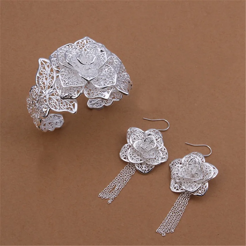 

925 Sterling Silver Jewelry Sets Big Flower Bangle Bracelet Earrings for Women Fashion Party Wedding Lady Christmas Gift