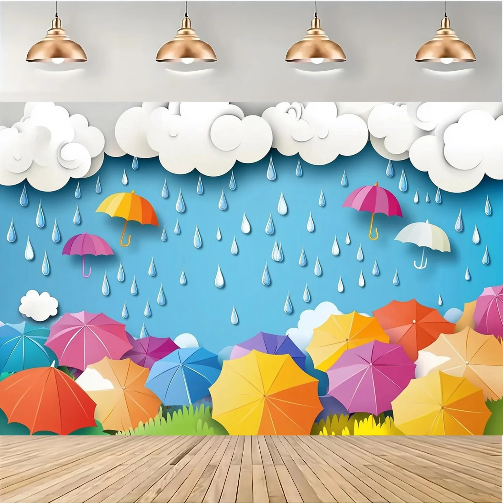 Bunter Regenschirm- und Regentropfen-Fotografie-Hintergrund – perfekt für Kindergeburtstage und regnerische ThemenpartysL – Detail 5