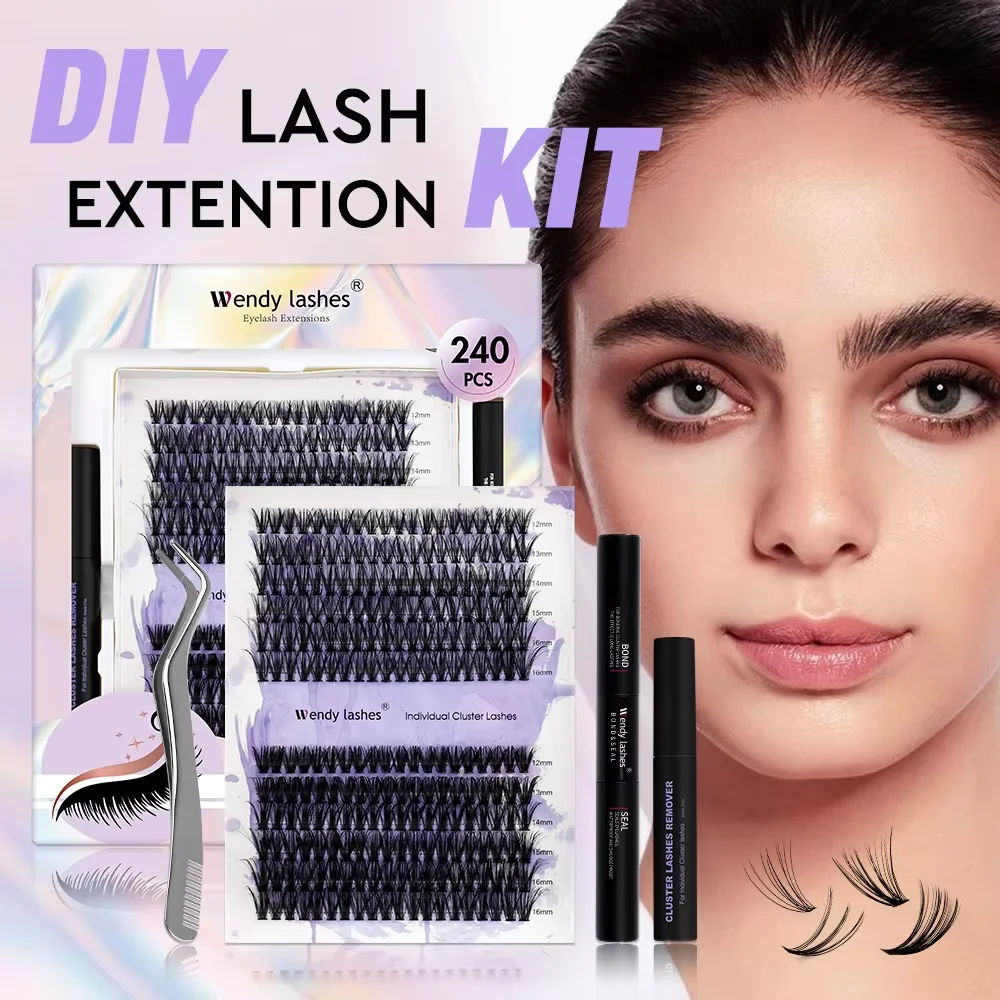 Wendy Lashes DIY Clusters Eyelash Kit Rapid Grafting Eyelash With 2in1 Lash Bond&Seal And Lash Glue Remover Tweezer Tool fake eyelashes lash extension kit eyelash set brow and lash kit