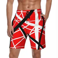 Summer Board Shorts Men's Van Halen Surfing Red Black and White Line Art Printed Beach Shorts Comfortable Swim Trunks Plus Size 1