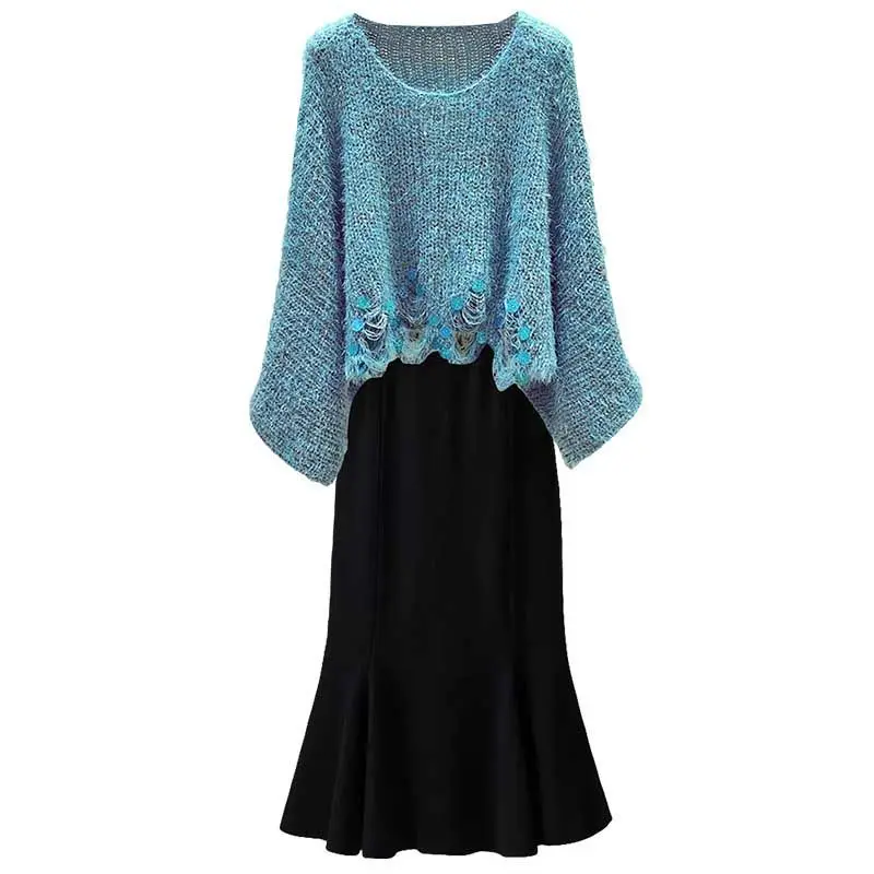 Spring Autumn Fashion Outfits 2023 Women's New Loose Hollow Show Thin Knitted Sweater Fish Tail Half Skirt Two Piece Set