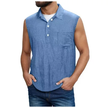 Polo da uomo 2026 nuovo gilet in denim senza maniche con colletto alla coreana e bottoni frontali, abbigliamento uomo