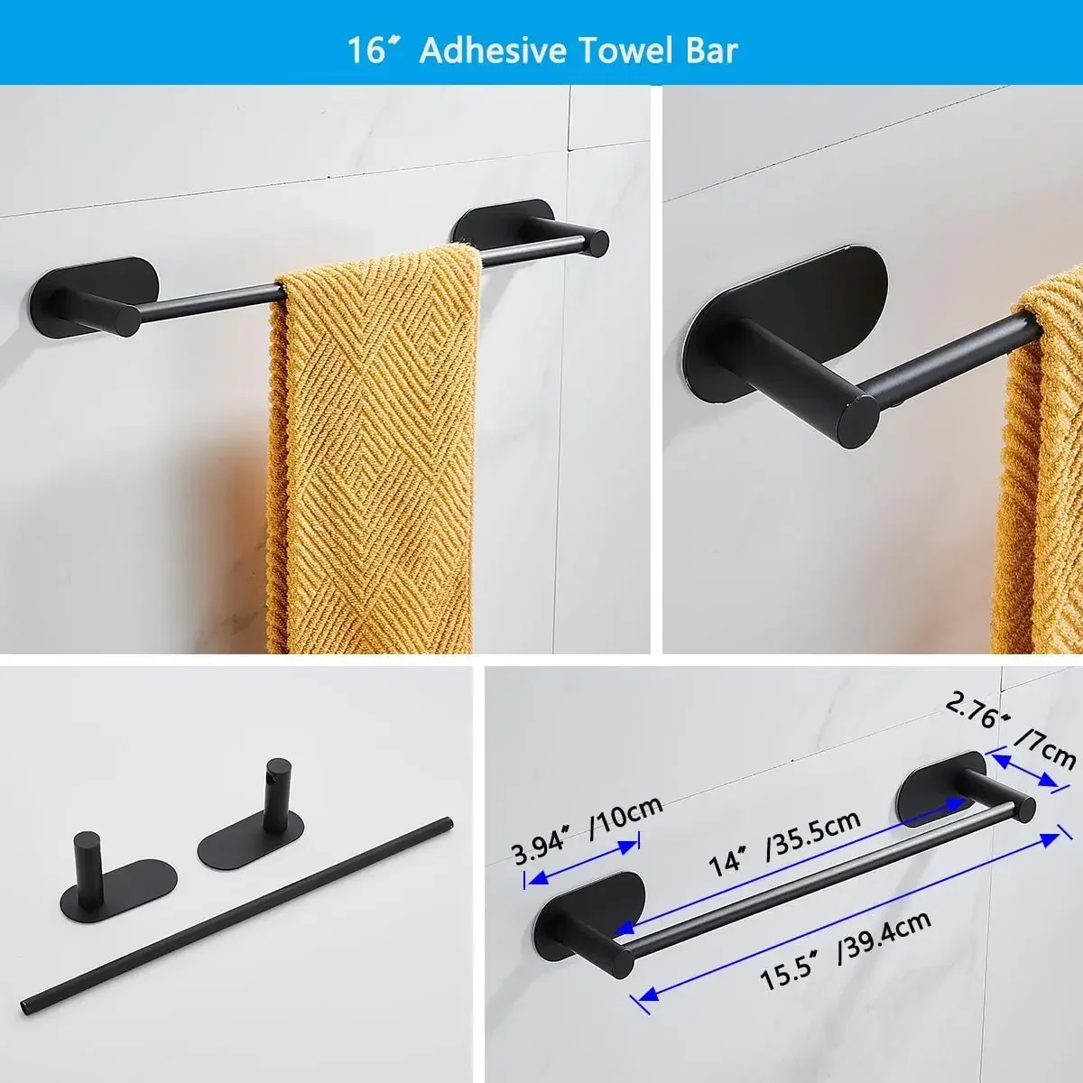 Towel Rack Set Includes 16-Inch Towel Bar, Self-Adhesive Toilet Paper Holder, Hanging Rings, Hooks, Bathroom Hardware Set, 수건걸이