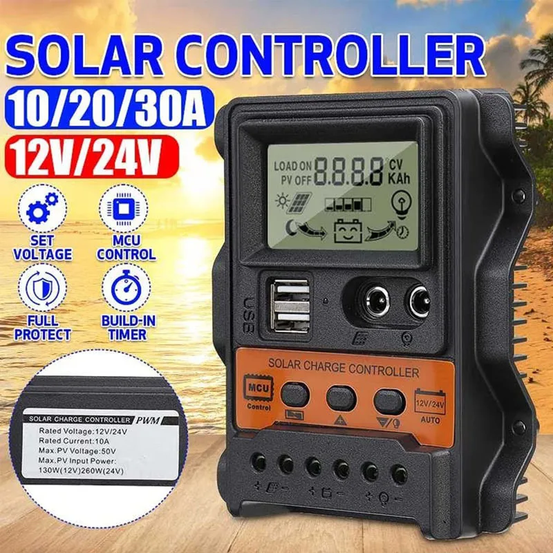 12V 24V 10A 20A 30A PWM Solar Charge Controller Dual USB DC Port Current Display Solar Panel Regulator For Lead-acid GEL Battery