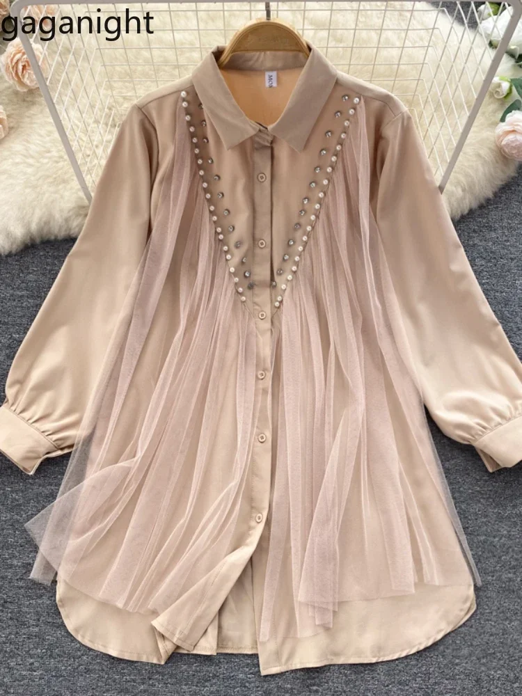 Mesh See-Through Turn-Down Collar Dress
