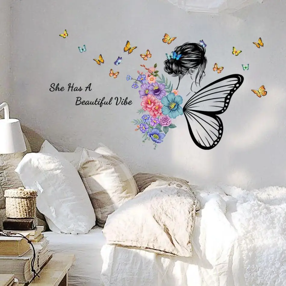 2 Pcs Wall Sticker Butterfly English Slogan Girl Flower Wall Sticker Paper Living Room Decoration Self Adhesive
