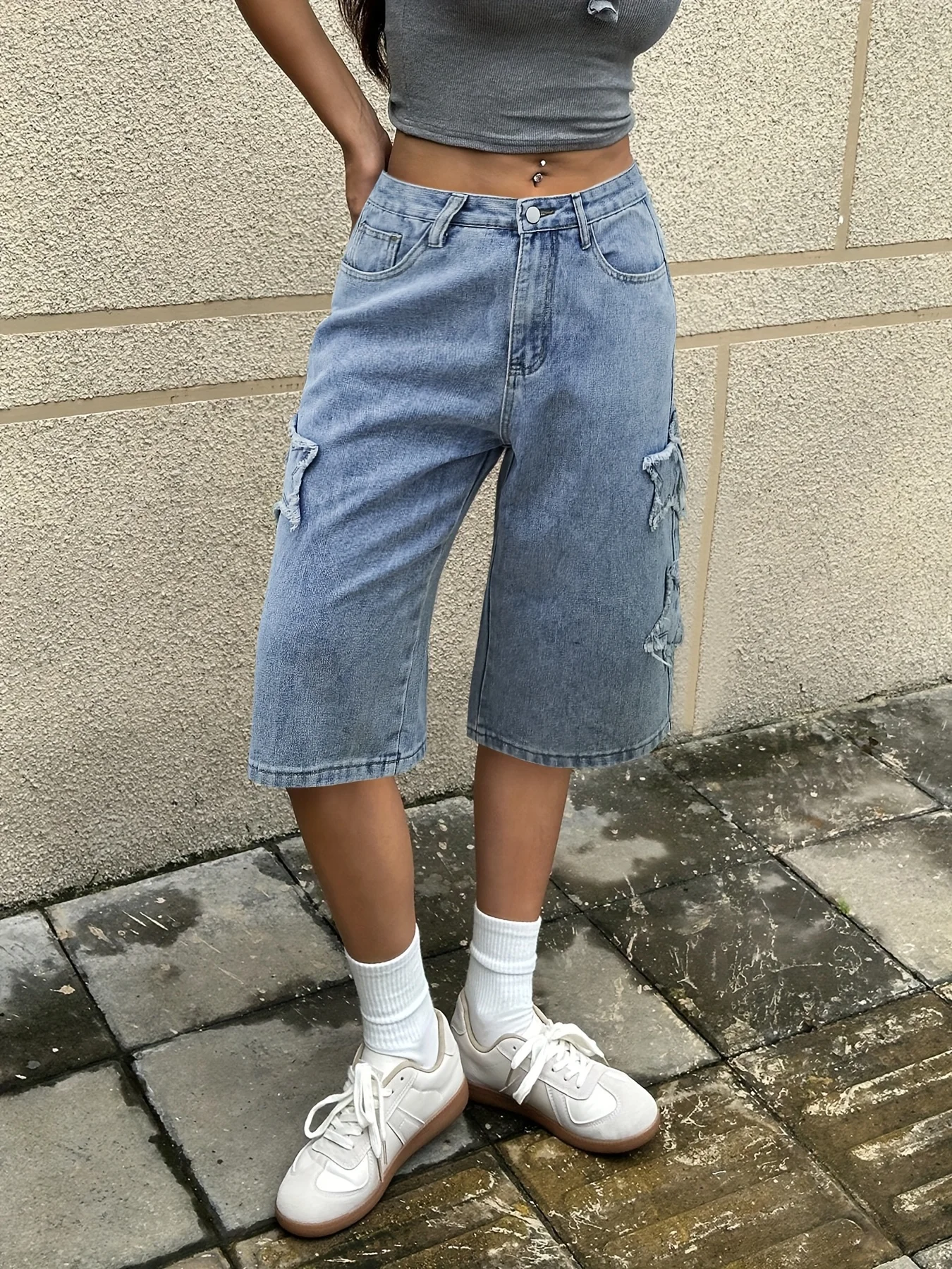 Y2K Star Patchwork Pleated Stitching Bermuda Denim Shorts High Waist Slant Pockets Wide Leg Jorts Suitable For Everyday Summer 5