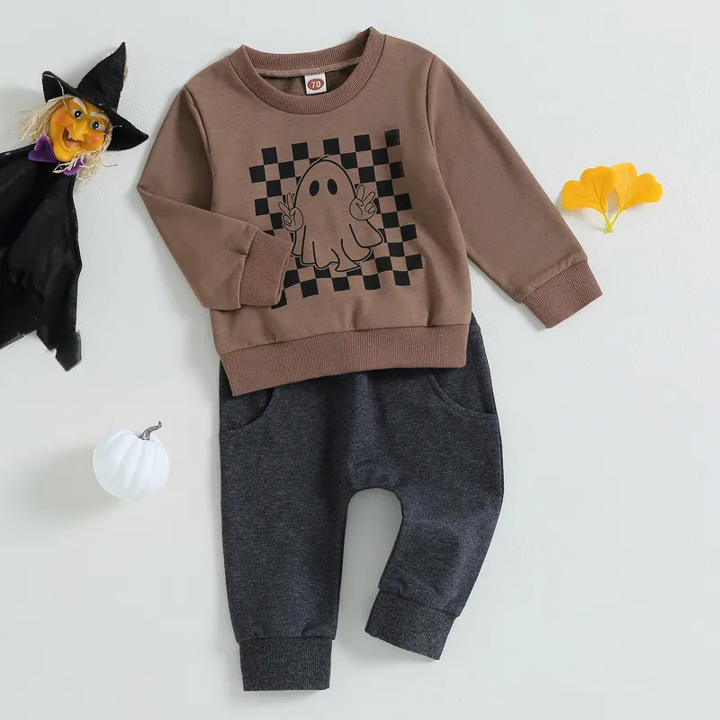 

Halloween Toddler Baby Boy Pant Sets Autumn Clothes Outfits Checkerboard Ghost Long Sleeve Sweatshirts Tops and Pants 2Pcs Set