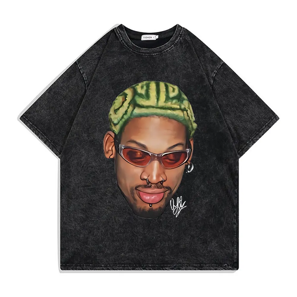 

The Worm Dennis Rodman Big Face Graphic Vintage Washed T-shirt Men's Hip Hop Oversized Basketball Boys Tshirt Unisex Casual Tees