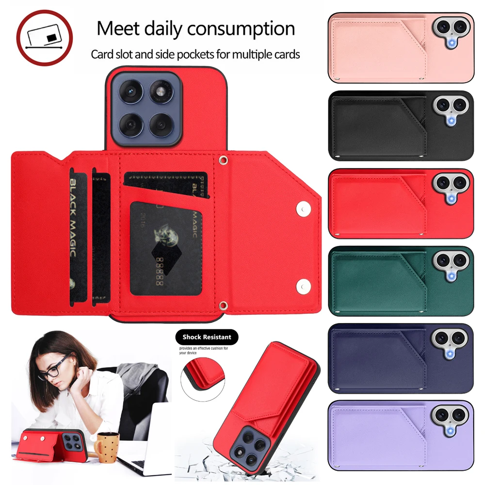 Leather Magnetic Wallet Phone Case with Card Holder and Button-Flip Design