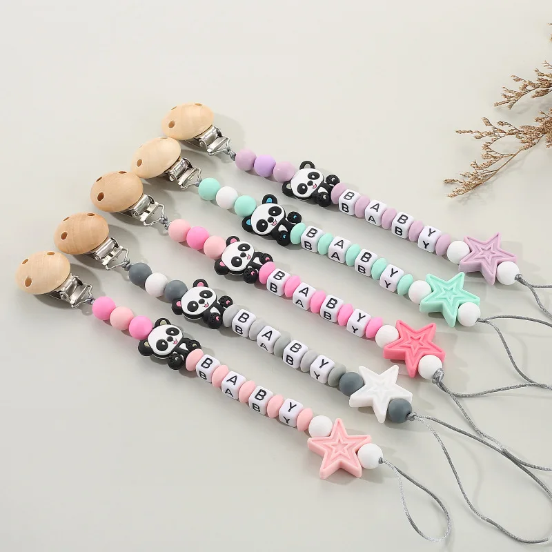 NEW Custom Personalized Name Pacifier Clip Handmade Panda Chain Silicone Star Holder Soother Baby Teething Toy Chew Gift