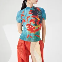 Vintage Fish Print American Folds Tees Summer Camisetas Irregular Slim Waist Tops Turtleneck Y2k Women Tshirts - Image 2