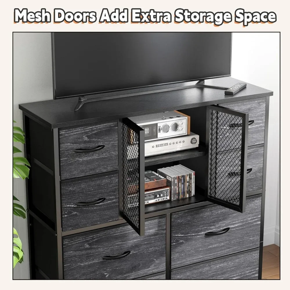Dresser for Bedroom with Mesh Door Tall Dressers & Chests of Drawers with 10 Fabric Drawer Morden Dresser Organizer,Metal Frame 5