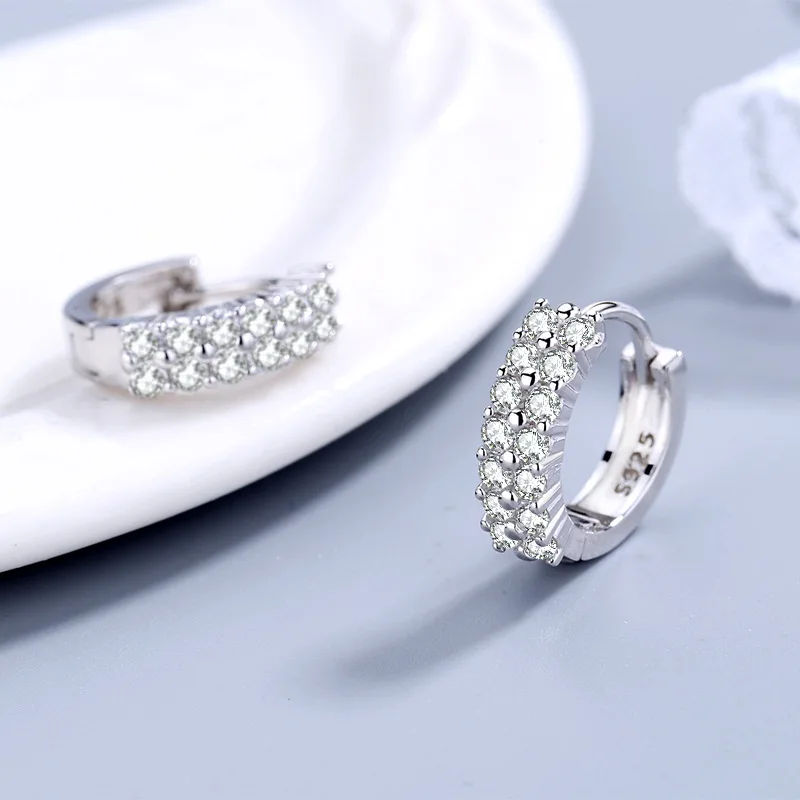 925 Sterling silver Double row crystal Round Earrings Stud Women Fashion Wedding accessories Jewelry silver earrings silver stud earrings
