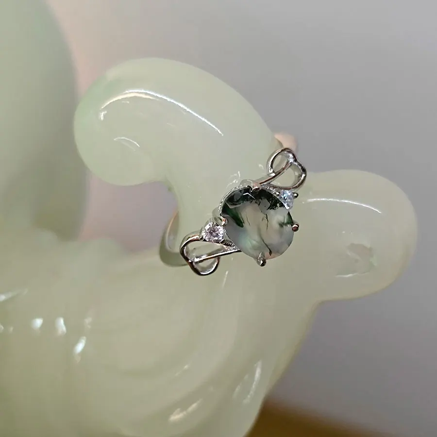 천연 타원형 녹색 오닉스 링,  링, 초록색 이끼 링, 특별한 날 착용, 특별한 날, 6*8mm