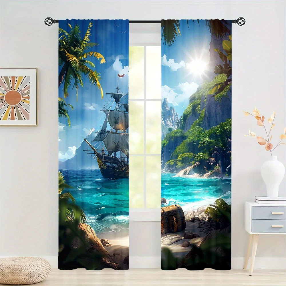 2-Piece Semi-Blackout Curtains Tropical Island Pirate Ship Palm Tree Design Rod Pocket Hanging for Bedroom Floor Window Blinds 3