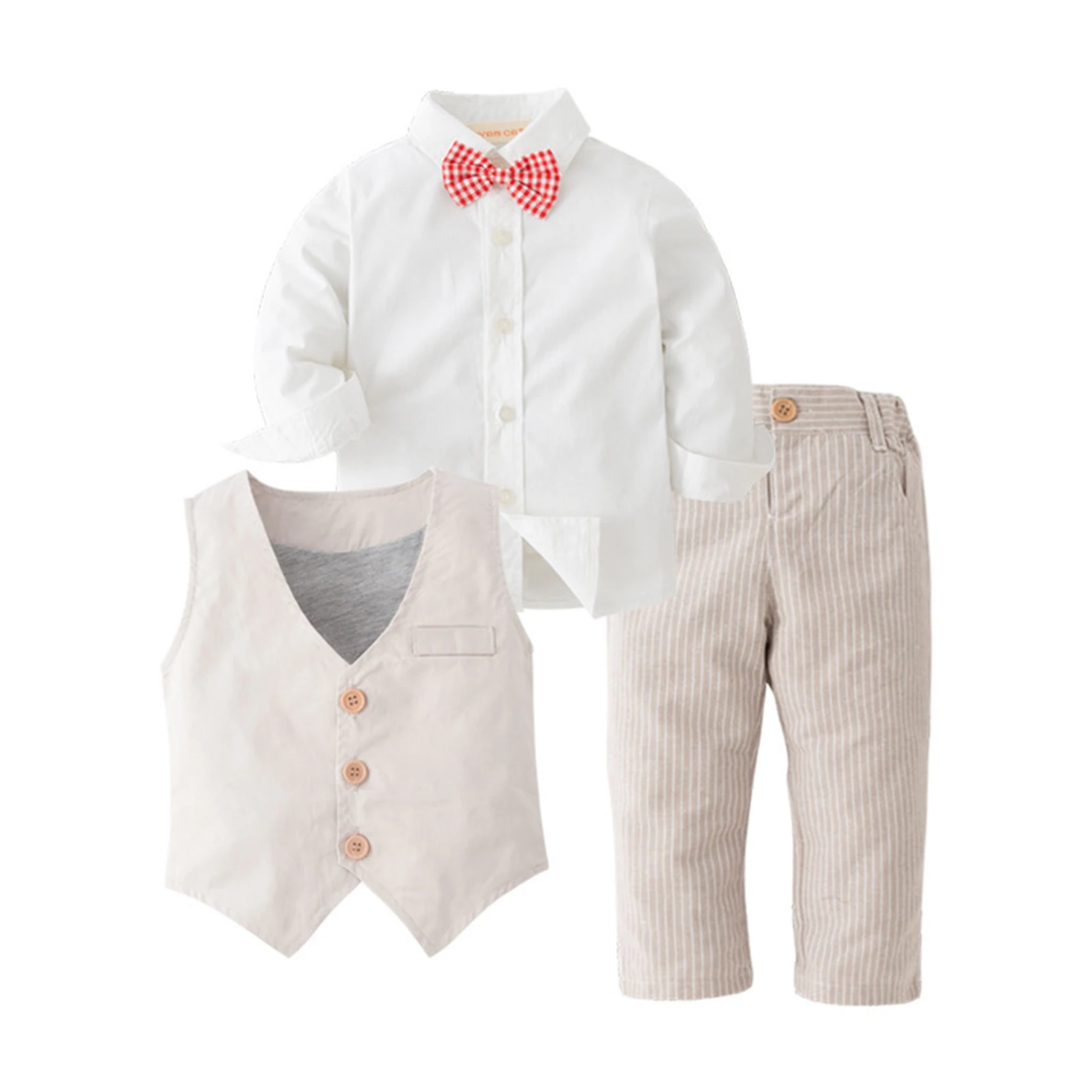 Kids Gentleman Outfit Boy's Wedding Suit Long Sleeve Shirt Vest And Striped Pants for Birthday Party Costumes Christening Gown