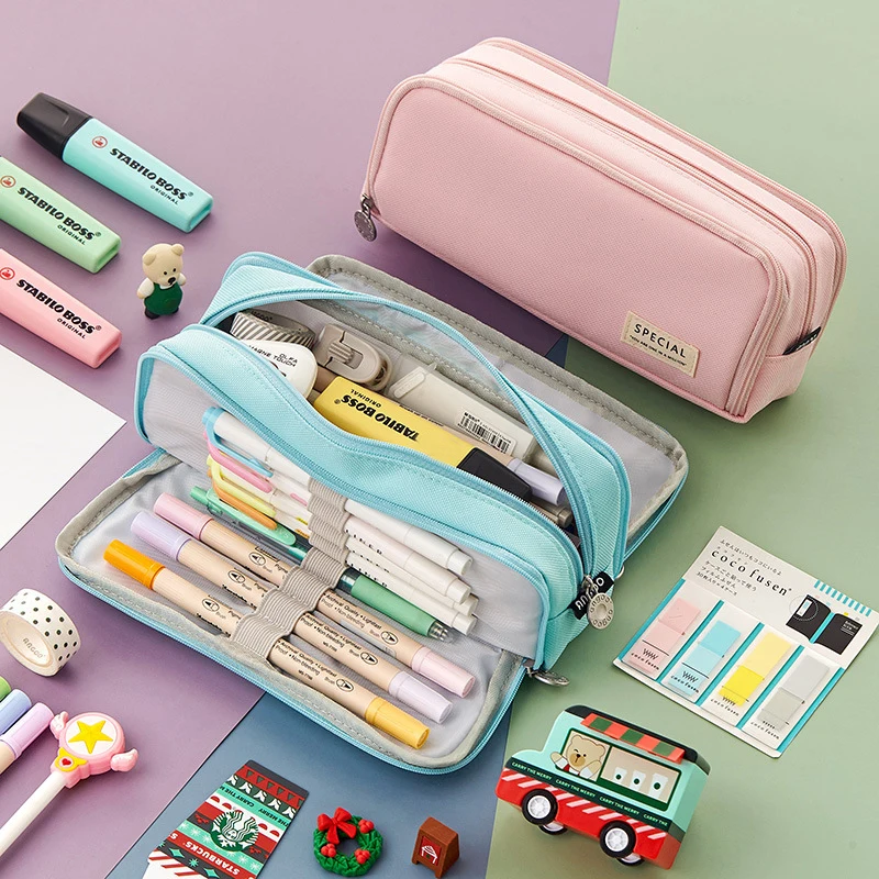 

Large Capacity Pencil Case Double Side Macaron Color Canvas Pen Bag Storage Pouch Stationery for Junior High School Students