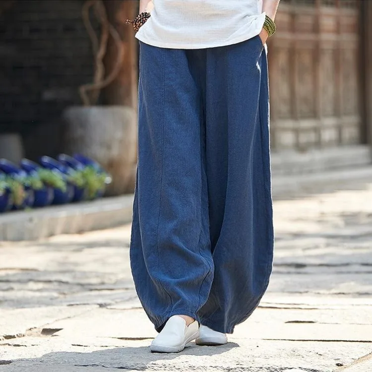 fashion clothing Spring Solid Color Pockets Loose Pants 2022 New Women Vintage Elastic Waist Cotton Linen Wide Leg Full Length Pants RV390 dickies 874 Pants & Capris