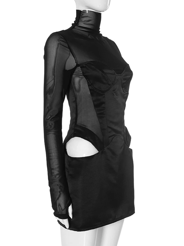 Fashion Pullover Sexy Women Mesh Turtleneck Long Sleeve Satin Cut Out Dress Bodycon Short Club Evening Fashion Party Dress 2024 5