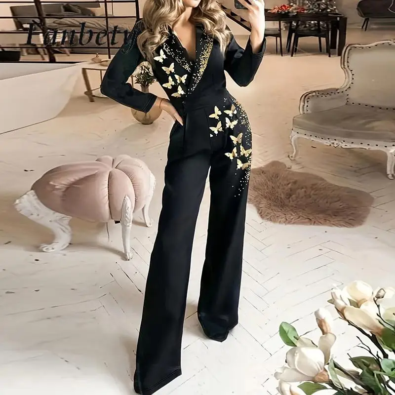 

Office Sequins Shinny Club Jumpsuit Elegant 2024 Golden Butterfly Long Sleeve Overall Women Fashion Lapel V-Neck Slim Romper