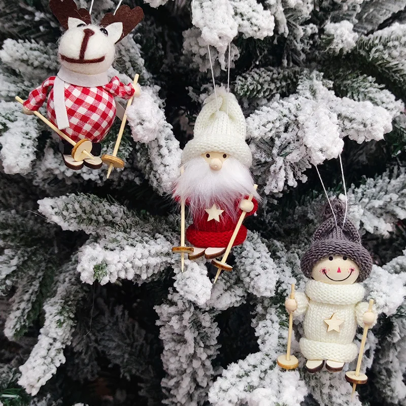 

2023 Wooden Skiing Santa Claus Snowman Dolls Christmas Tree Pendants New Year Xmas Home Decoration Festival Mall Room Decor Gift