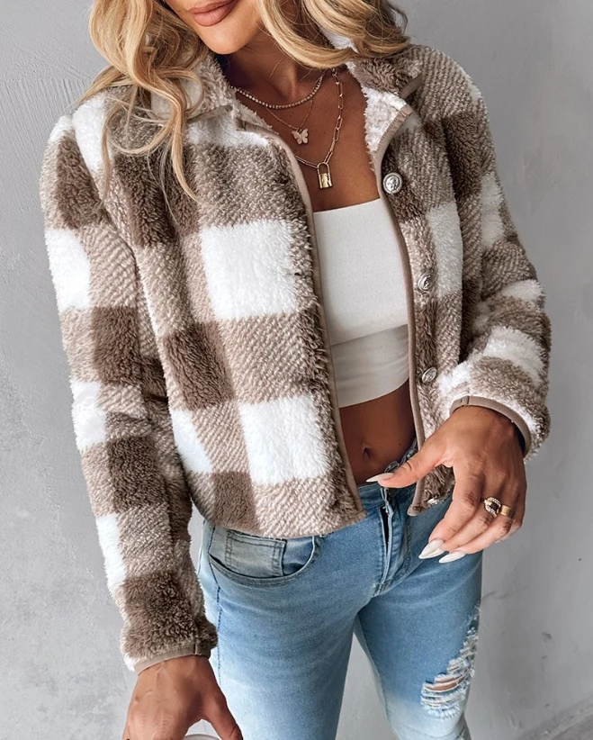 

2023 Autumn Winter Spring New Fashion Casual Elegant Plaid Pattern Buttoned Teddy Jacket Coat Female Clothing Outfits