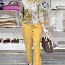 Fashion Women Loose Print Set Female Cotton Linen Outfits Commuter Elegant O-Neck Long Sleeve Tops Shirt And Straight Pants Suit