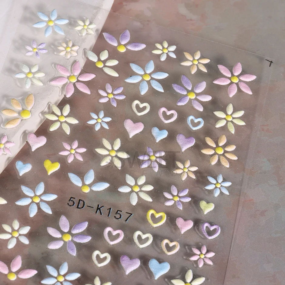 5D Embossed Flower Colorful Nail Stickers Simple DIY Wildflower Sliders Sunflower Daisy Spring Engraved Art Manicure Decals