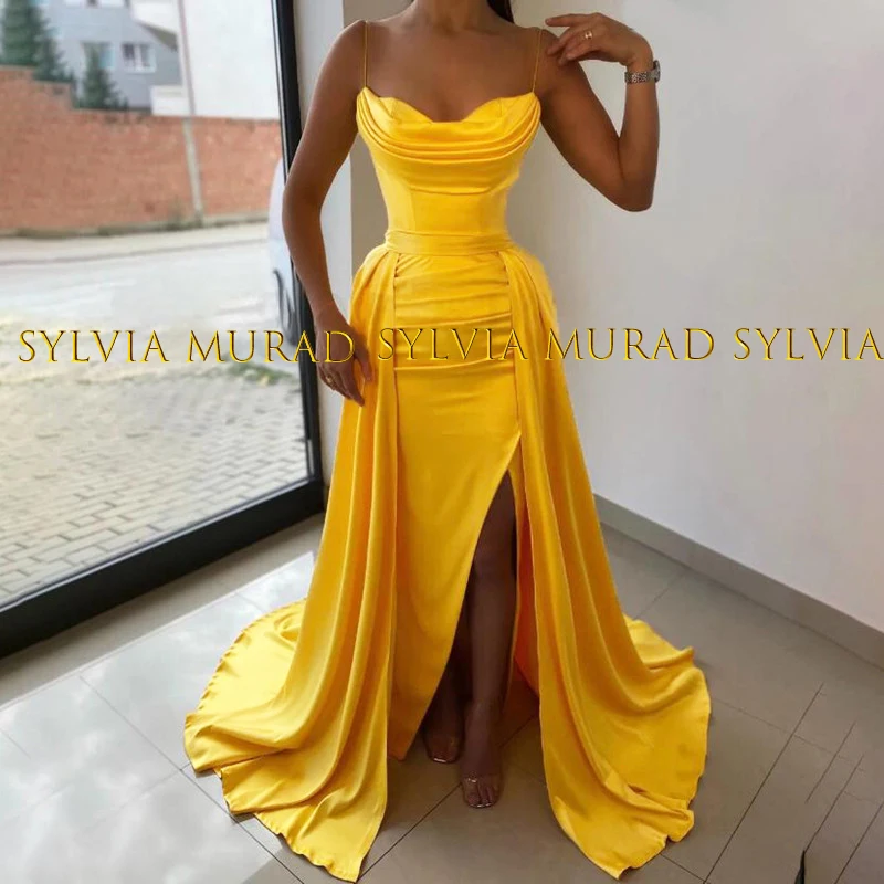 

Sexy Long Mermaid Evening Dress With Streamers Side Split Spaghetti Straps Gold Yellow Formal Party Dresses Gown