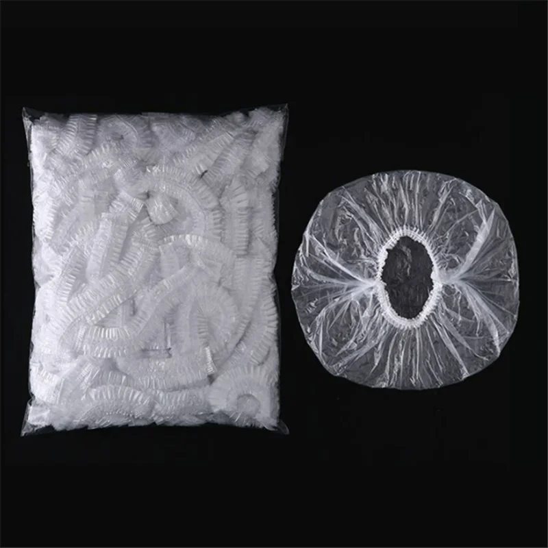 100 Pcs Disposable Shower Cap Plastic Waterproof Headgear Hotel Hair Dye Shower Cap Transparent Plastic Beauty Salon Cling shower cap disposable hair cap hair dye cap
